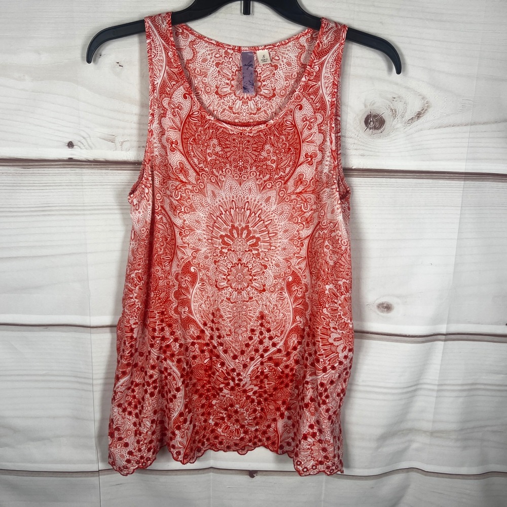 Alya Tank Top Women Small Orange Paisley Eyelet Hem‎ Sleeveless Pullover Woven